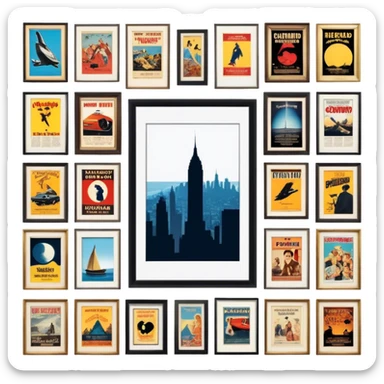 Icon for Photograph and Poster Collecting: a collection of photographs and movie posters, neatly displayed on a wall or in frames. The icon should evoke the nostalgia and artistic value of collecting rare images and posters. Transparent background. sticker