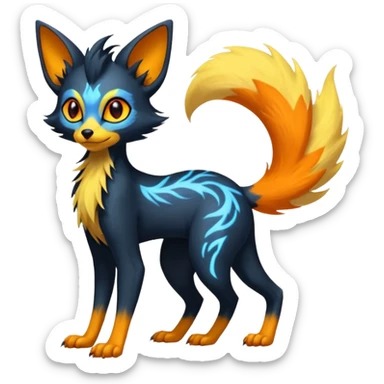 Lykoi-Fennekin-Electrike-Luxray-fusion-hybrid-animal-Fakémon-creature, full body, thin long sleek scaly tail, intricate markings sticker