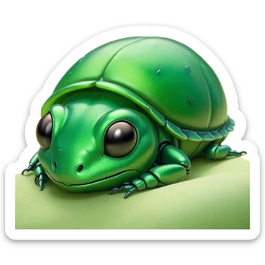 Meme-Worthy Cute Sleeping Green Bugdie Portrait Emoji, Head resting peacefully with a contented smile, showcasing a tiny, endearing build and a luxuriously smooth emerald exoskeleton, eyes shut in a serene nap, Simplified yet hilariously adorable features, highly detailed, glowing with a soft, drowsy light, high shine, relaxed and utterly lovable, stylized with an air of playful laziness, bright and heartwarming, soft glowing outline, capturing the essence of a comically sleepy insect, so meme-worthy it feels like it could instantly become the next viral sensation of adorable slumber! sticker