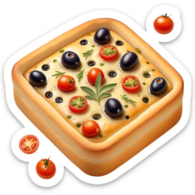 cinematic-realistic-isometric focaccia-bread-dish-emoji,-depicted-as-a-golden,-olive-oil-brushed-flatbread-sprinkled-with-herbs-rendered-with-lifelike-texture-and-soft,-appetizing-lighting showing olives on top and the cherry tomatoes sticker