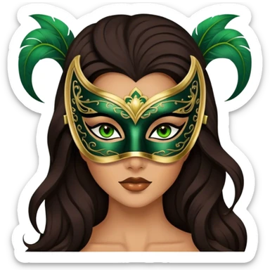 Greeneyed Woman hair with Long Dark brown hair wearing Black venetian mask sticker