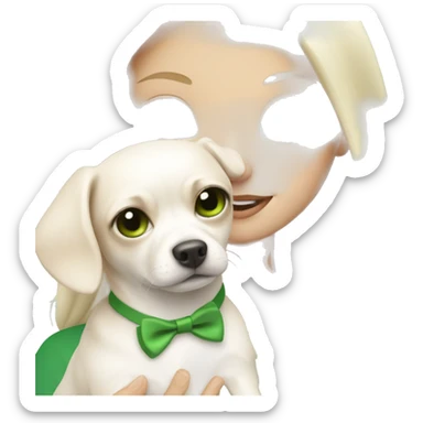 pale blond girl with long platinum hair with green eyes holding a white chihuahua puppy that wearing a pink bow sticker