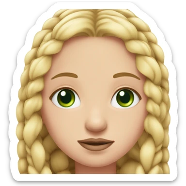 Girl with long blonde braids and green eyes with two small moles next to her left eye and long eyelashes and pink full lips  sticker