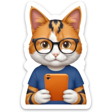 un gato de tres colores naranja, negro y blanco con gafas de leer con un celular en manos leyendo comentarios y que tenga una remera color azul oscuro que diga UOM sticker