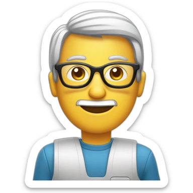 una persona con lentes sentado en una computadora dice con su mano buenos días sticker