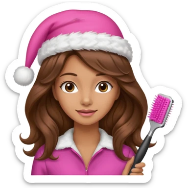 mujer peinandose en la peluqueria y con un gorro de navidad rosado, cabello largo café y ondulado sticker