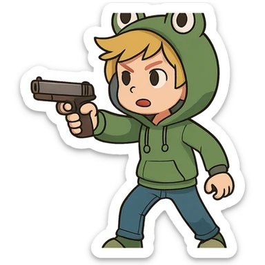 animated boy with blonde hair wearing a frog hoodie, pointing a gun forward, general style sticker