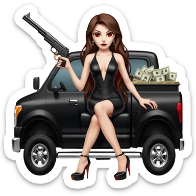 Lilith symbol red eye seductress evil long brown haired sexy succubus woman with leather long dress with slit on, sitting in Big Large F350 pickup truck. Platform long high heels on feet. Back seat full of stacks of cash, she is  Holding a human skull of her enemies in car and a gun in other hand sticker