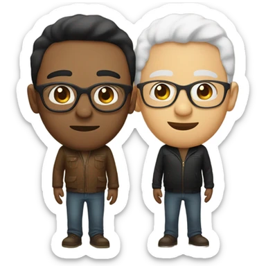 Two men kissing, one white skin with black hair, one brown with glasses sticker