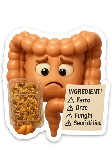 SU QUESTO STILE FAI UN EMOJI STILE IPHONE 3D DI UN INTESTINO CHE HA IN MANO UN insalata di farro mista CONFEZIONATa DA SUPERMERCATO E LEGGE L'ETICHETTA NUTRIZIONALE CON GLI INGREDIENTI IN ITALIANO, ACCANTO ALL'insalata CHE HA IN MANO C'è UN FOCUS SULL'ETICHETTA CON GLI INGREDIENTI SCRITTI, "Farro, orzo, funghi, semi di lino" accanto ad ogni nome scritto mettici un segnale di allarme, FAGLI UN ESPRESSIONE CONFUSA MENTRE LEGGE E FALLO MOLTO REALISTICO IN 3D sticker
