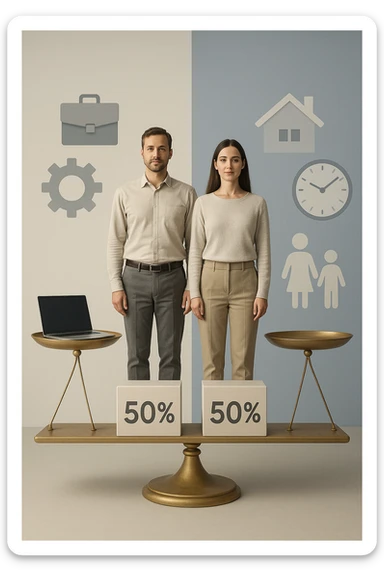 Uomo e donna in piedi l’uno accanto all’altra, al centro di una bilancia perfettamente in equilibrio. Entrambi vestiti in modo simile (moderno e neutro), con espressioni serene e rispettose. Sotto i loro piedi, due blocchi con scritto '50%' ciascuno. Sullo sfondo, elementi divisi simmetricamente: lavoro, famiglia, tempo libero, rappresentati equamente da entrambi. Atmosfera armoniosa, illuminazione equilibrata, colori neutri e simbolici (bianco, grigio, blu e oro). Stile realistico con accento simbolico sul concetto di equità sticker