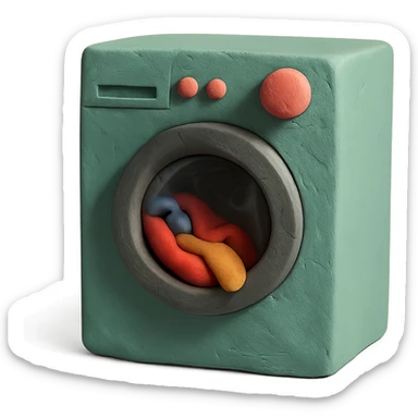 washing machine in claymation style with clothes peeking out, matte finish, soft lighting sticker