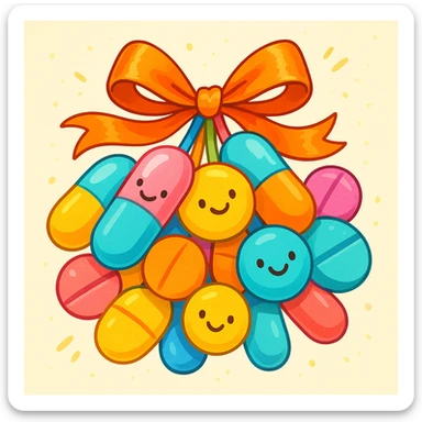 a bunch of assorted medicine pills tied together with a ribbon, cheerful and fun sticker