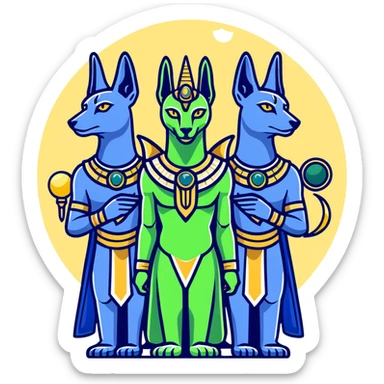 Egyptian gods Osiris with green skin and Atef crown, Khonsu with falcon head and moon symbol, and Anubis with jackal head standing together sticker
