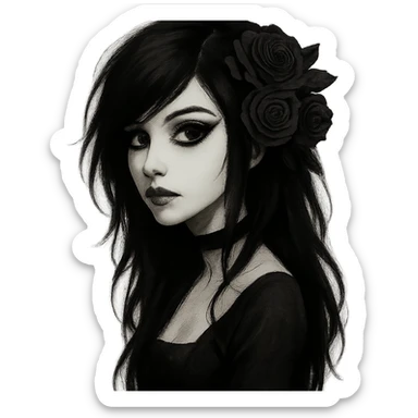 emo girl with dramatic eyeliner, black roses in hair, mysterious and elegant sticker