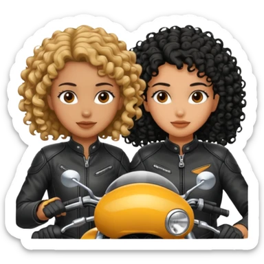 A motorcyclist and a shorter girl with curly black hair, facing each other. sticker