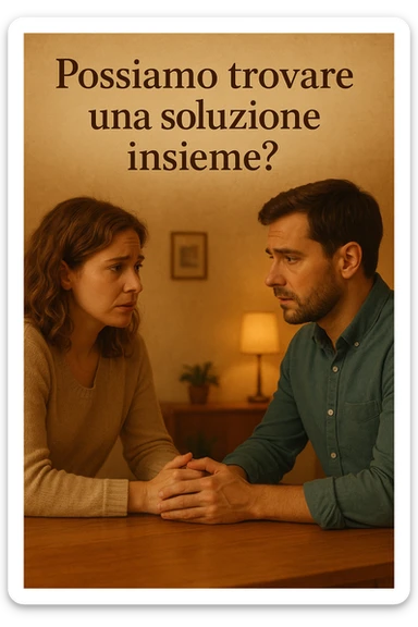 Vertical format: man and woman talking sitting at a table, worried but open expressions, text in Italian: 'Possiamo trovare una soluzione insieme?', intimate and hopeful atmosphere sticker