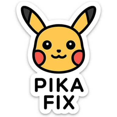 icon of Pikachu's head with the text 'PIKA' in uppercase below and 'FIX' in uppercase below that, clear and cute style sticker