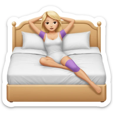 Naked woman, thin blonde, C Cup, lying in bed, legs raised up, ass showing, legs spread sticker
