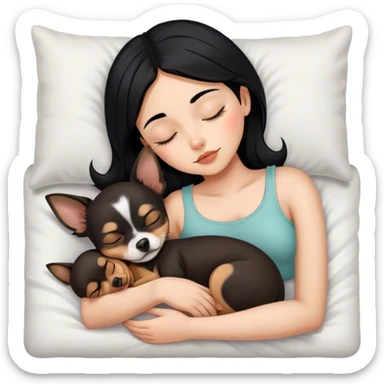 Girl with black hair sleeping with brown chihuahua  sticker