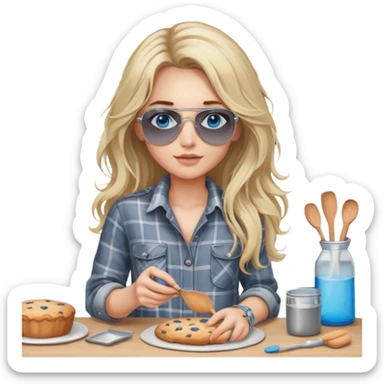 girl with long blond messy hair wearing grey plaid shirt with blue eyes and aviator sunglasses wearing a ring on her silver necklace, holding baking supplies sticker