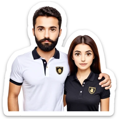 Tente de novo.Crie um casal - Homem branco de cabelo liso e olhos marrom, com barba, expressão séria usando camiseta polo preta e mulher de pele branca cabelo cacheado marrom longo e olhos mel, usando uma regata branca, quero ela sorrindo sticker