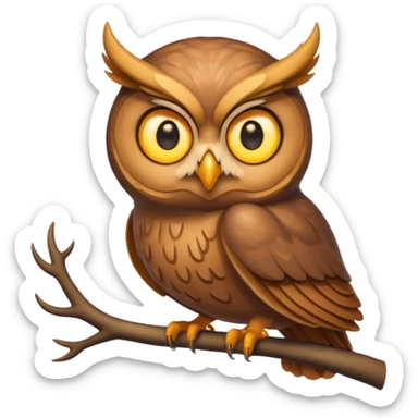 Emoji chouette perchée brun clair, yeux jaunes brillants, bec recourbé, bois de cerf imposants, sagesse et puissance. sticker