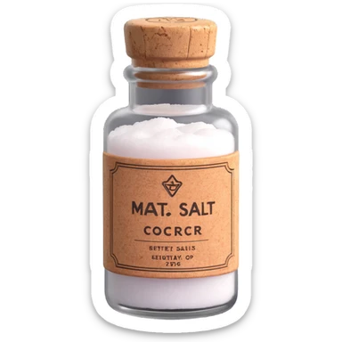 3D style salt bottle, vintage look, cork stopper, frosted glass, label on front sticker