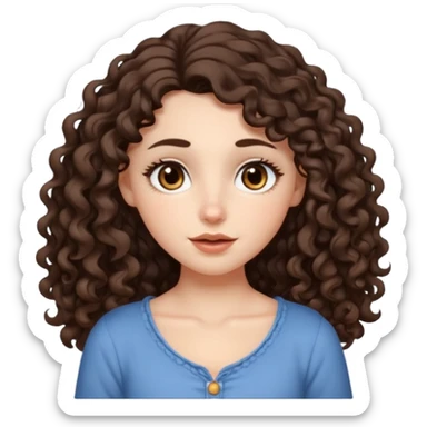 Aesthetic white girl with long curl hair color dark brown (almost black, but more brownish), big almond shape eyes color brown, small wide nose, natural lips, sweet expression. Dressed with a  cute top sticker