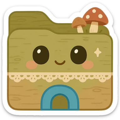 File Explorer folder icon in cottagecore style with soft earthy tones, rustic wooden textures, moss, mushrooms, lace, and a bright blue archway at the bottom matching the original File Explorer icon, no words or text sticker