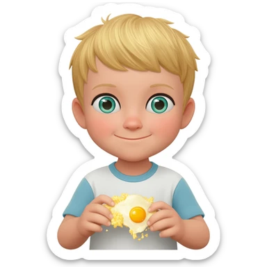 3 year old blonde boy with green-blueish eyes happy eating scrambled eggs for breakfast sticker