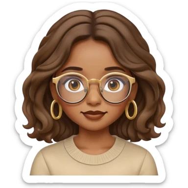 apple memoji of cute brown girl with glasses, aethetic and wavy long hair, gold hoop earrings, expression sticker