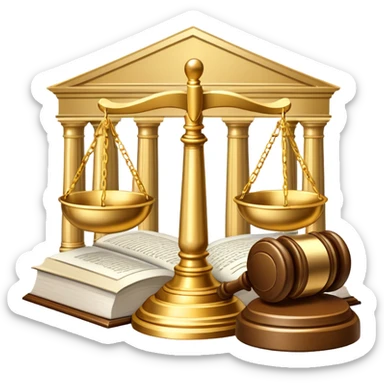 An icon featuring scales of justice, a gavel, and a legal book, symbolizing the study of law. The design includes courthouse pillars in the background, representing authority and legal systems. Transparent background highlights the principles of justice, order, and legal education. sticker