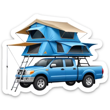 A blue pickup truck with a roof tent on top sticker
