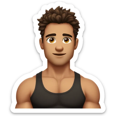 Buff muscular handsome teen guy, brown messy hairy, medium length hair, brown eyes, serious expresssion, black tank top sticker
