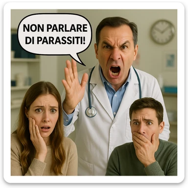 Add frightened patients in the scene and include the doctor's text 'NON PARLARE DI PARASSITI!' inside a speech bubble. Maintain the realistic style and medical setting as shown in the reference image. sticker