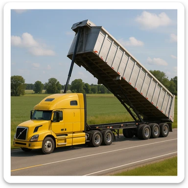 long silver end dump trailer hooked to a Volvo yellow semi sleeper truck, trailer in dump position, photorealistic daytime country scene with fields, trees, and a quiet road, truck driving left sticker