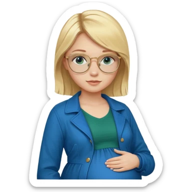 18 year-old pregnant blonde girl with golden glasses with blue eyes in a bright blue dress and a dark green jacket and brown boots sticker