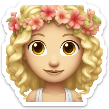 “Crée un emoji mignon représentant une déesse avec des grands yeux brillants, une couronne de fleurs, et un cœur lumineux à côté. sticker