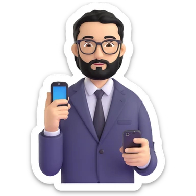 standing pose of professional man with medium black beard, black hair styled and combed to one side, connected unibrow, olive tan skin, brown eyes, glasses, prominent nose, dressed in formal black jacket, with mobile phone sticker