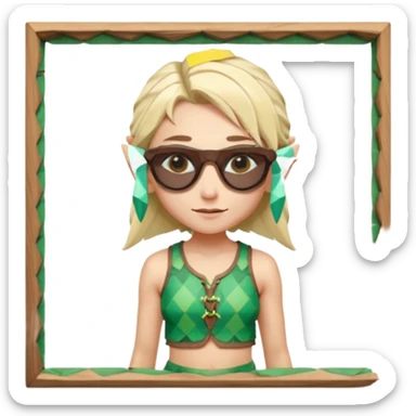 elf female legolas portrait, patterned board shorts (geometric/abstract), unique wooden-framed sunglasses, undercut hairstyle, slight smirk, visible pointy ears, no background, centered emoji, hipster summer vibe coctails sticker