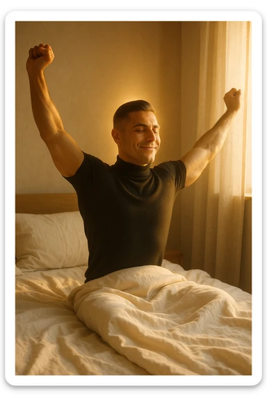 A cinematic photo of a man stretching in bed just after waking up, the morning sunlight flooding the room. His skin glows slightly, expression rested and serene. Muscles subtly defined, energy flowing through his posture. The air is filled with a golden calm. A symbolic glow surrounds his head and chest, representing mental clarity and physical recovery. The scene is clean, natural, minimalist. Rich in textures and realistic warmth. sticker
