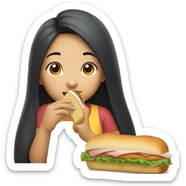 Asian girl long dark hair eating a sandwich with Winnie the pooh sticker