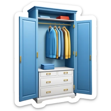 Professional emoji for Furniture Design: a close-up of a 3D wardrobe on top of a blueprint, with a measuring tape beside it. The icon should represent the detailed design and measurement process in furniture design. Transparent background. sticker