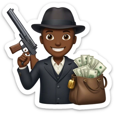 Gangster guy with a big gun with a wide grin on his face and money bags sticker