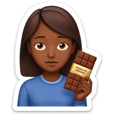 Apple style emoji of a person with chocolate, sad look, chocolate bar visible in hand, friendly design sticker
