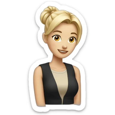 female designer with pen behind ear, blonde bun, beige vest, black top sticker
