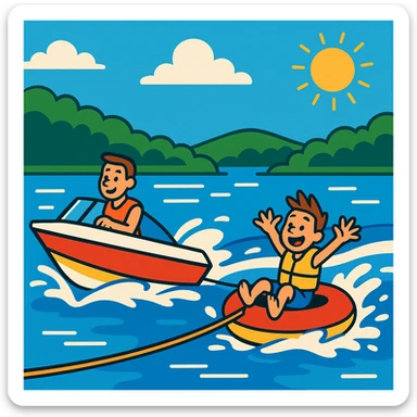 a boat pulling an inner tube on a lake, vibrant colors, clear action, fun summer scene sticker
