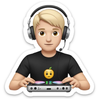 эмодзи парень диджей молодой с диджейский пультом красивый парень со светлыми волосами и в наушниках apple airpods max одет в черную футболку карие глаза  sticker