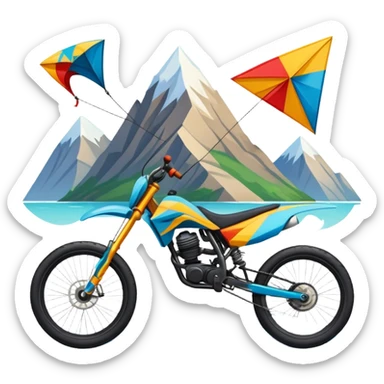 An emblem-style design representing extreme sports and lifestyle, featuring symbols of adventure such as a mountain, a sea, a kite, and a bike. The design is bold and dynamic, with sharp lines and energetic colors, capturing the essence of thrill, freedom, and adrenaline. sticker